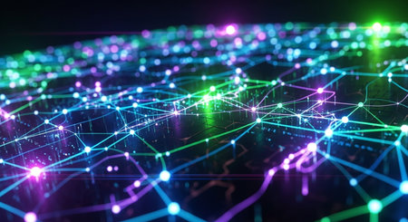 3D rendering of a network of connections on a dark background.の素材