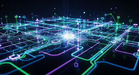 3D rendering of circuit board with glowing particles. Technology concept.の素材