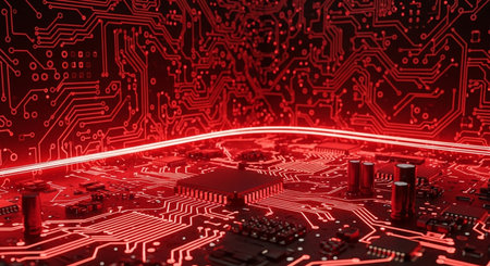 Circuit board close-up with red neon lights. 3D renderingの素材