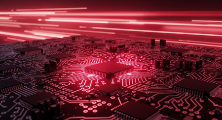 Circuit board close-up. Technology background. 3d renderingの素材