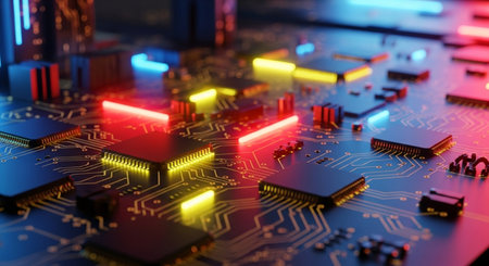 3d illustration of circuit board with electronic components. Technology background.の素材