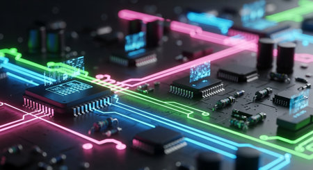 3d rendering of circuit board with neon lights. 3d illustrationの素材