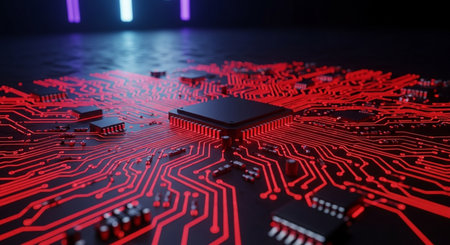 Circuit board. Electronic computer hardware technology. Motherboard digital chip. 3D renderingの素材