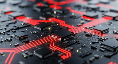 Circuit board close-up. Technology background. 3d renderingの素材