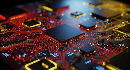 Close-up of electronic circuit board with processor. Technology background.の素材