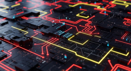 Futuristic circuit board with glowing neon lines. 3D renderingの素材