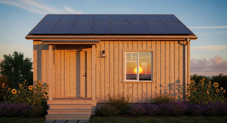 3d rendering of a wooden house with solar panels on the roofの素材