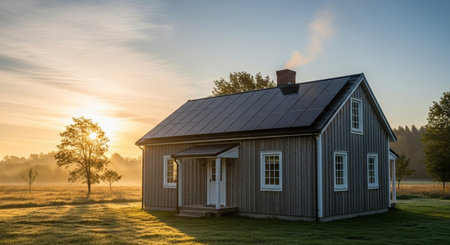 Old wooden house in the meadow at sunrise. Beautiful landscape.の素材