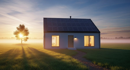 House with solar panels on the roof at sunrise. 3d renderの素材