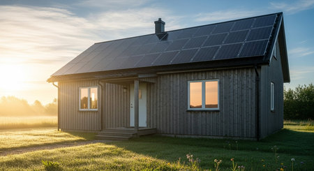 House with solar panels on the roof. Photovoltaic modules.の素材