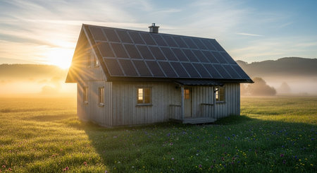 House with solar panel on the meadow at sunrise. 3d renderの素材