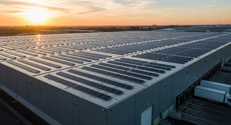 Solar panels installed on the roof of a building with a beautiful sunsetの素材