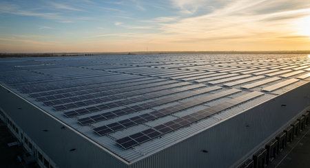 Solar panels on the roof of a large building in the sun.の素材