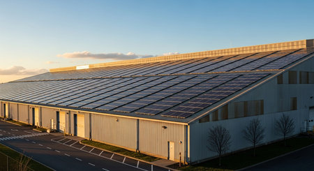 Solar panels on the roof of a modern industrial building in the Netherlandsの素材