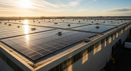 Solar panels on the roof of an industrial building in the Netherlands.の素材