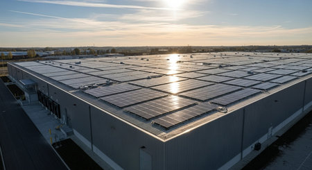 Solar panels installed on the roof of a large industrial building. Photovoltaic modules.の素材