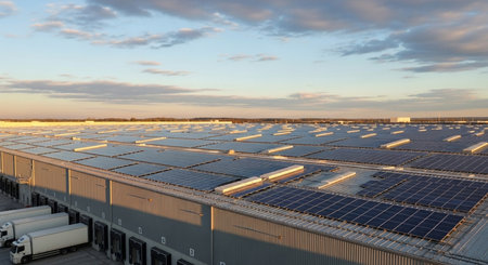 Solar panels on the roof of a building in a solar power plantの素材