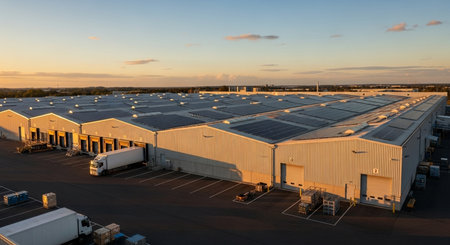 Aerial view of a warehouse with solar panels on the roof.の素材