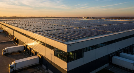Solar panels on the roof of a modern office building in the Netherlandsの素材