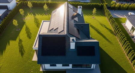 Aerial view of a modern house with a roof made of metal.の素材