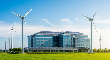 Wind turbines in front of a modern office building on a sunny dayの素材
