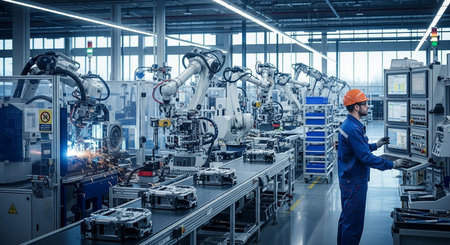 Engineer or factory worker in safety helmet and blue uniform working with robotic arms in production lineの素材