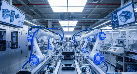 3d rendering robotic arms working on a production line in a factoryの素材