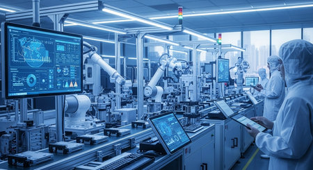Smart factory production line with robots and automated machinery. Concept of artificial intelligence and machine learning process. 3d rendering toned imageの素材