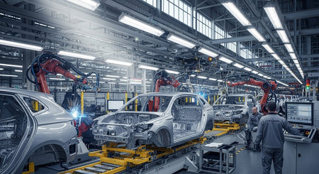 Automation factory. Assembly line of automobile industry. Smart factory. Modern automated production line. Industrial backgroundの素材