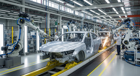 Production line of the car factory. Assembly line of the car factory. Industrial backgroundの素材