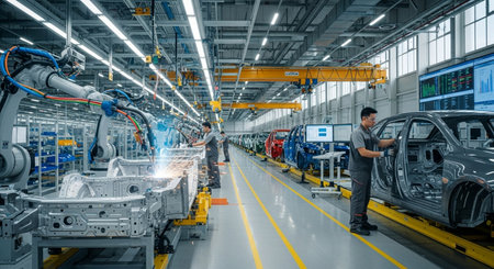 Smart factory - Automotive industry - Smart factory for fourth industrial revolution with automated production line showing automation system by using robots and automated machinery.の素材