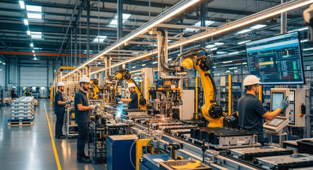 Production line of the factory for the production of robots and automated machinery. Industrial backgroundの素材
