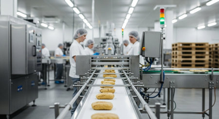 Production line of the factory for the production of biscuits. Conveyor belt with cookies. Industrial backgroundの素材