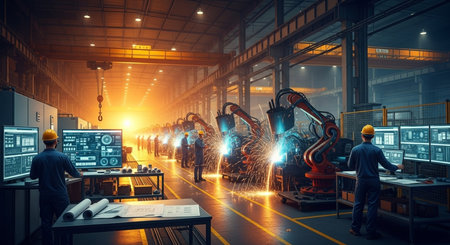 Automation manufacturing and heavy industry concept. 3d rendering, 3d illustration.の素材