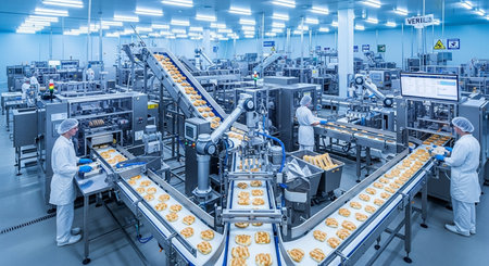 Conveyor belt with bagels on the production line in a factoryの素材