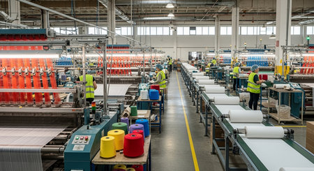 Production line of the textile factory. Textile industry. Industrial backgroundの素材