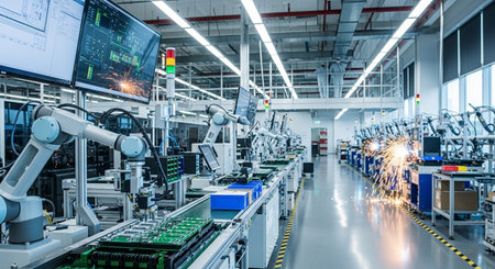 Production line of the factory for the production of electronic components. Industrial backgroundの素材