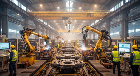 Smart factory industry 4.0 concept - Smart factory for fourth industrial revolution with automated manufacturing robots and automated machinery controlled via internet network.の素材