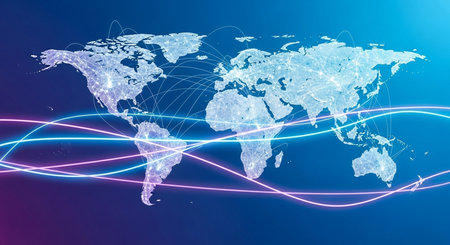 World map with glowing lines on blue background. Technology and communication concept. 3d renderingの素材