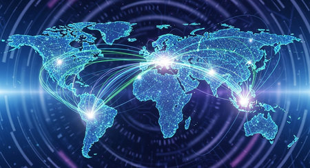 Global network connection concept with world map on blue background. 3D renderingの素材