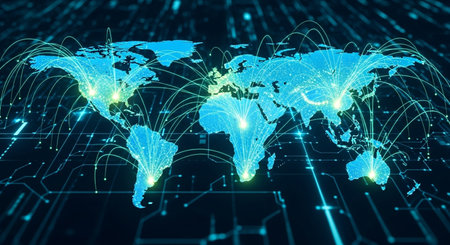 World map with glowing connections on blue background. Technology and communication concept. 3D Renderingの素材