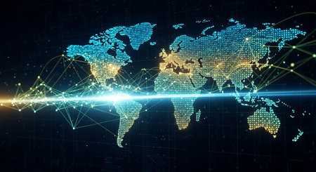 Global network connection concept with world map on dark background 3D renderingの素材