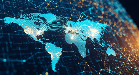 Digital world map with glowing connections. Global business and technology concept. 3D Renderingの素材