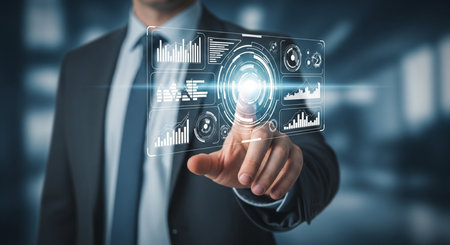 Businessman on blurred background using digital charts and graphs interface 3D renderingの素材