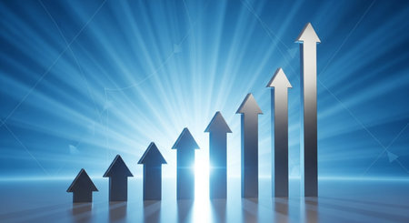 Digital composite of Composite image of rising arrows against blue background with flareの素材