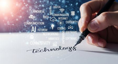 Concept of cloud computing technology with icons and man hand writing in notebookの素材