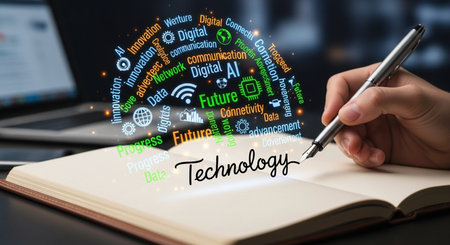 Technology theme with woman's hand writing in a notebook on a deskの素材