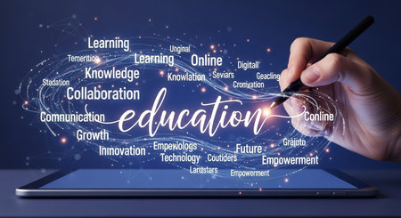 Hand using tablet with online education concept on the screen and blue backgroundの素材