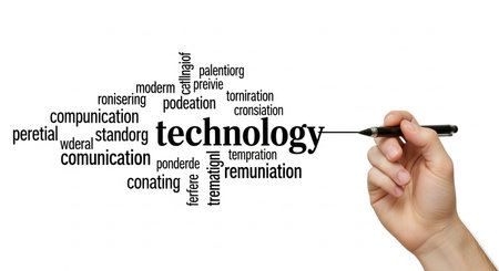 Hand writing technology word cloud on whiteboard. Isolated on white.の素材