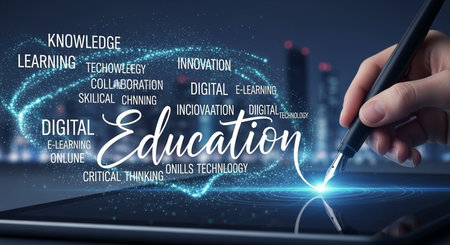 Education concept on the virtual screen with graphic tablet in your hand.の素材